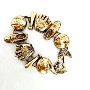 Vintage 50s Gold Tone Baseball Sport Charm Slide Bracelet Lucky Charm Heavy 7.5"